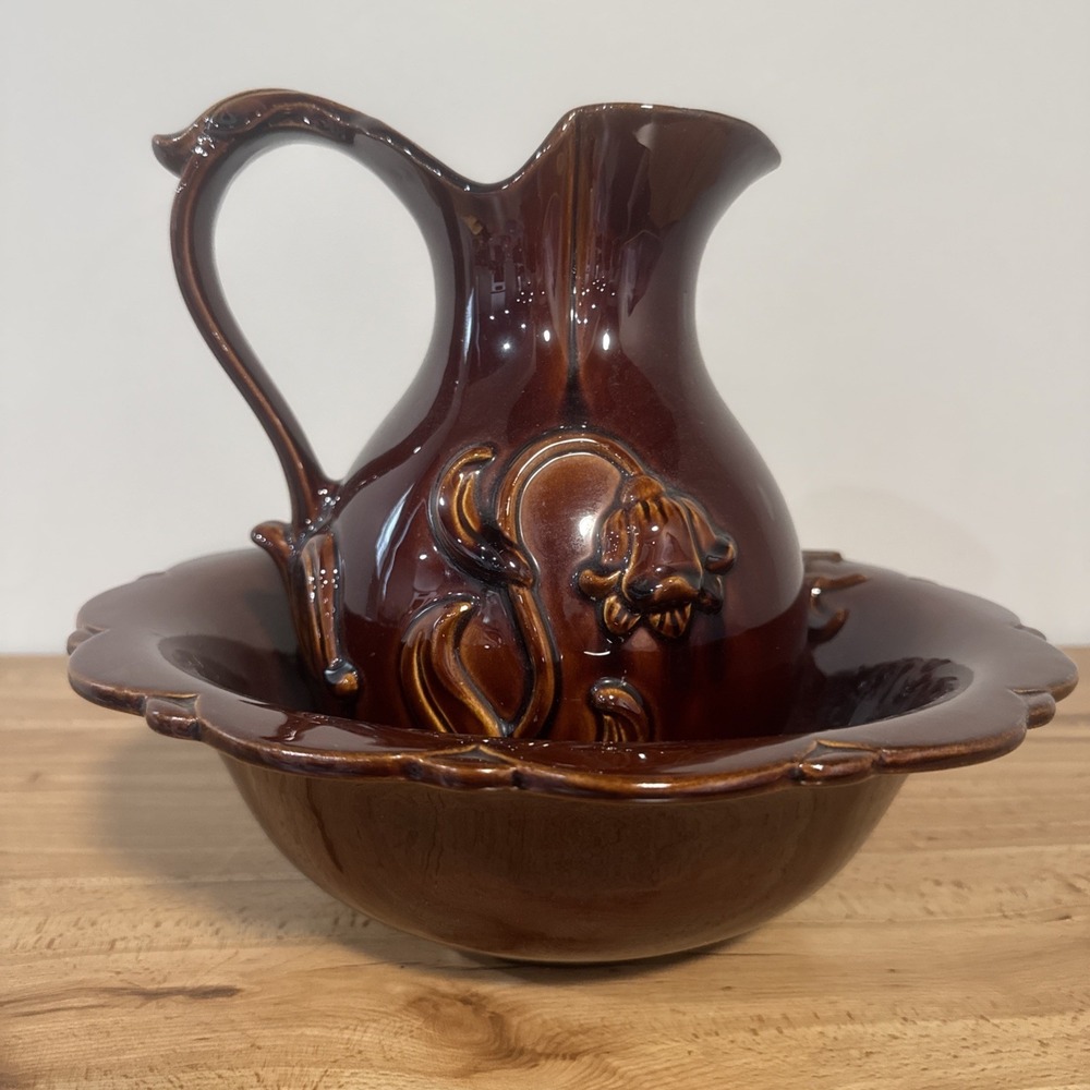 Vintage Royal Haeger Pitcher & Water Basin Bowl Brown Floral USA # 934